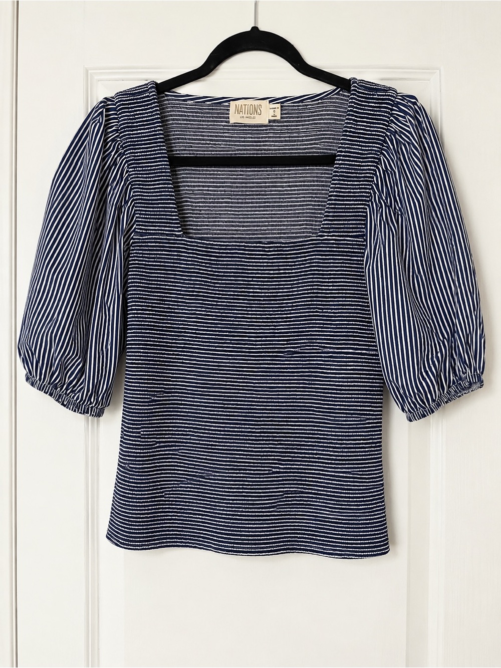 Nation LTD Navy & White Striped Square Neck Puff Sleeve Top - Picture 4 of 9